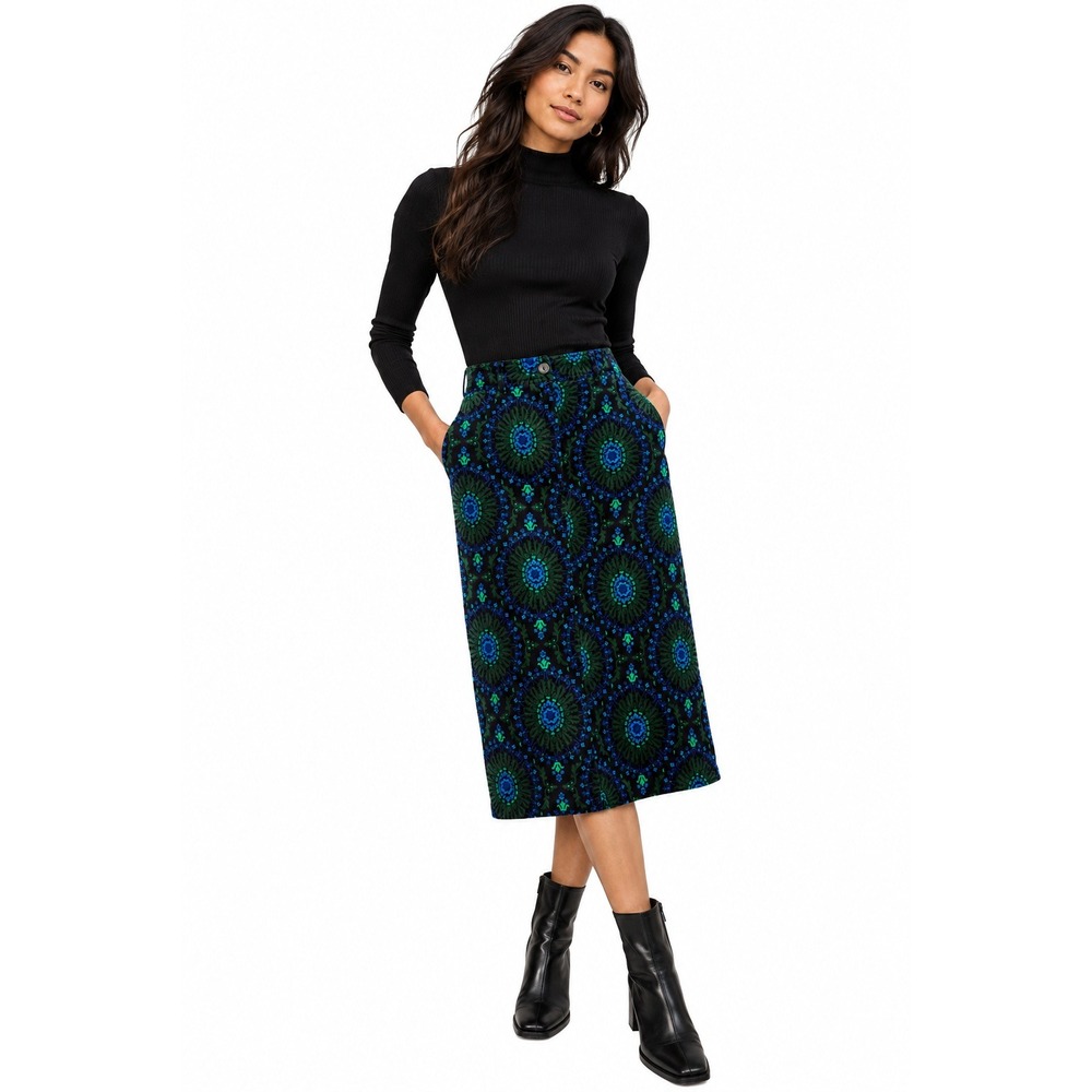 Boden Margot Velvet Midi Skirt Blue Green Medallion Print 4R